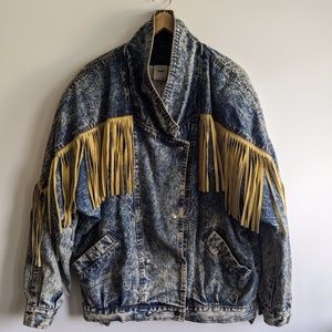 Acid wash jean jacket with leather tassels